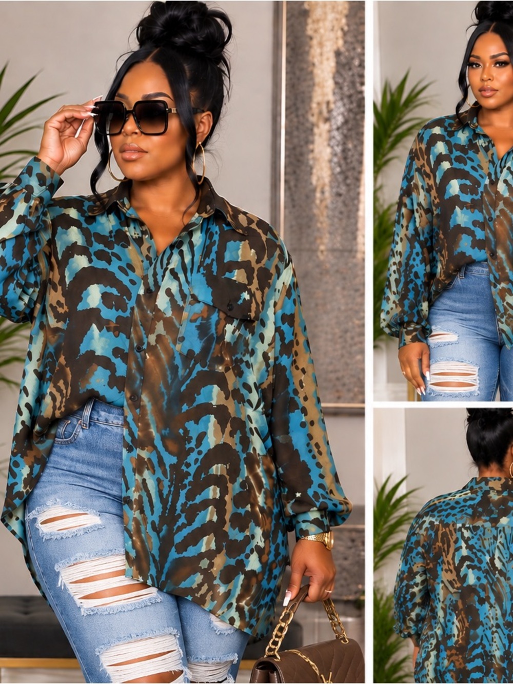 Plus Size Blue & Olive Animal Print Button-Up Blouse